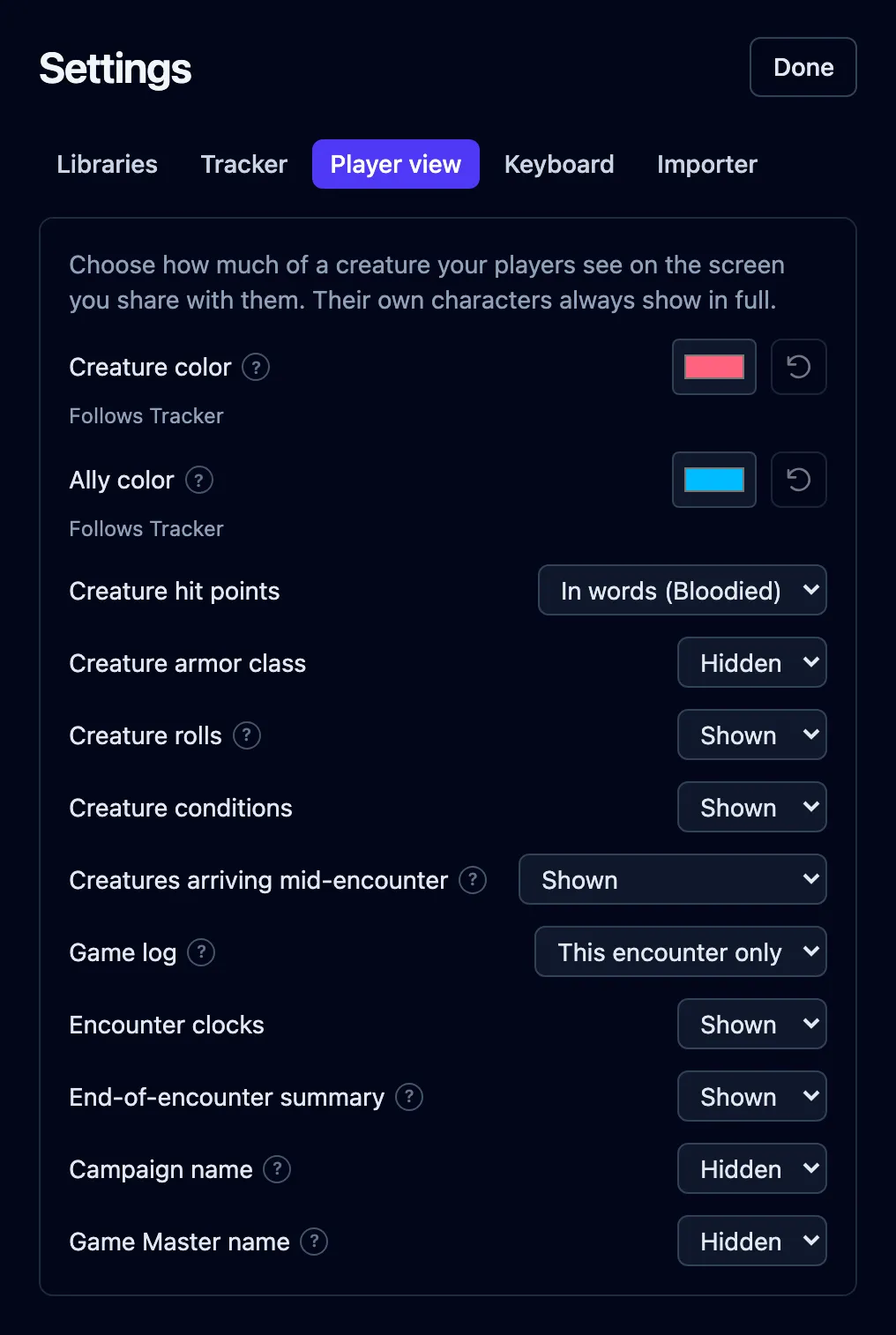The Player view tab in Settings, listing every choice the shared screen offers with its current value, several carrying a ? beside the label.