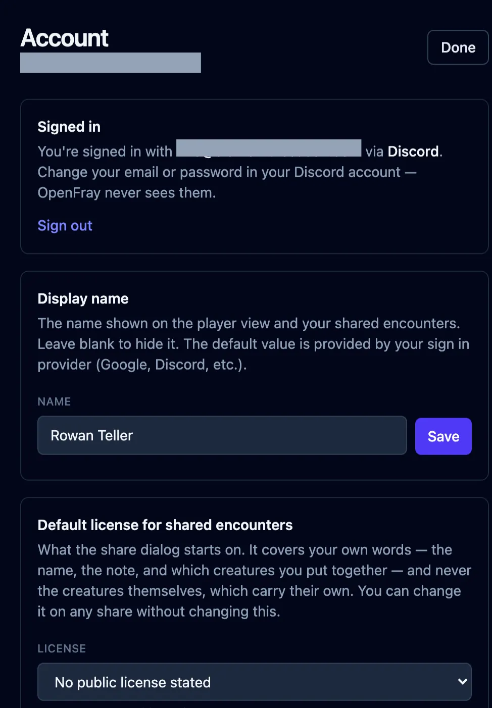 The Profile panel: the signed-in email and provider, the display name field holding a
name, and the default-license dropdown, its email masked.