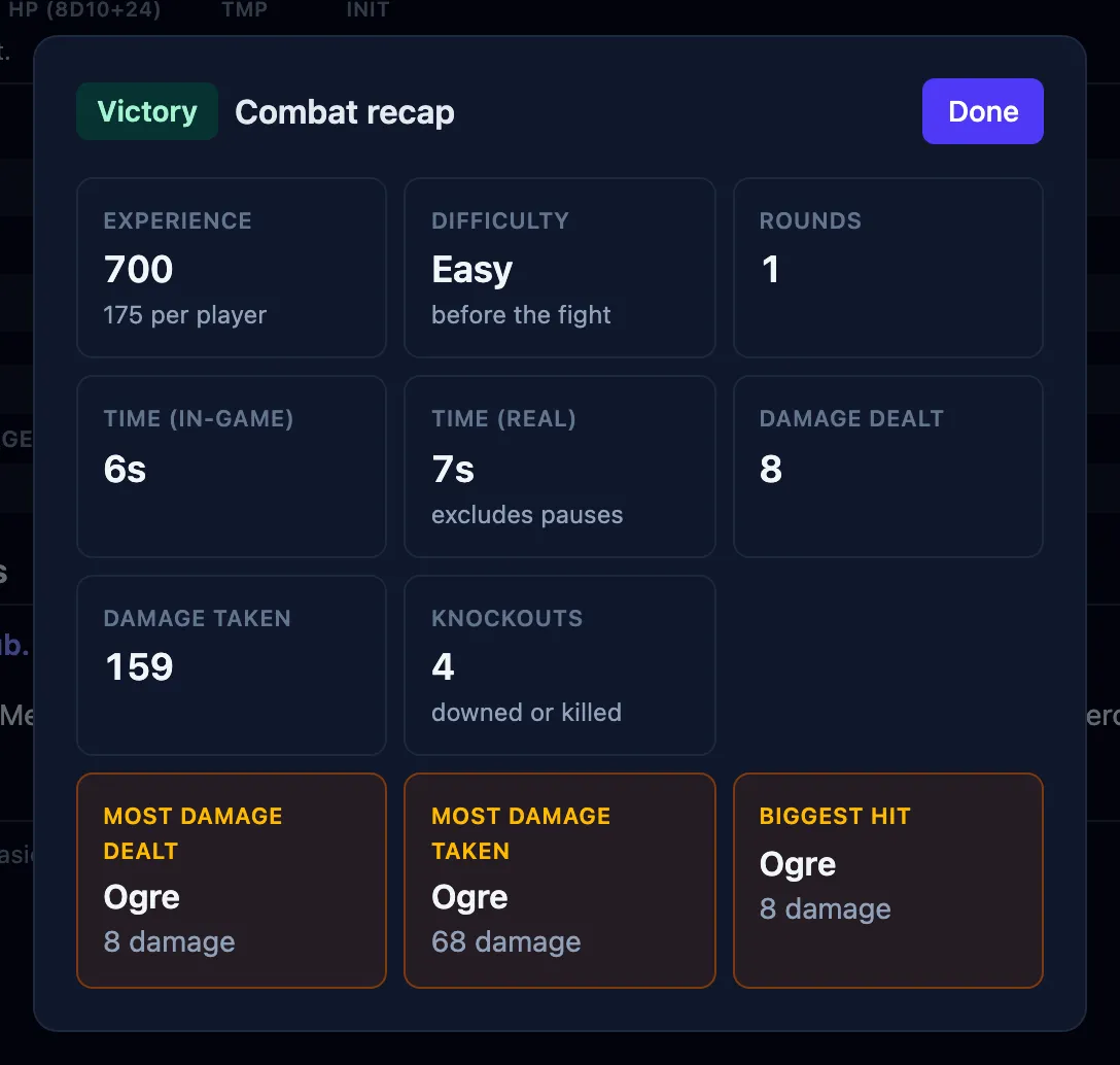 The combat recap after a victory, with tiles for experience, difficulty, rounds, timings and damage, above the three awards.