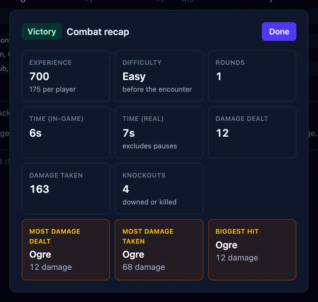 The combat recap after a victory, with tiles for experience, difficulty, rounds, timings and damage, above the three awards.
