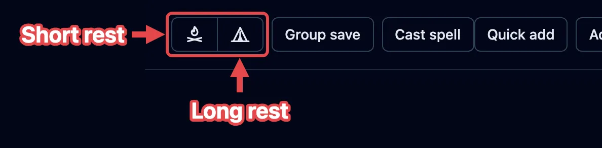 The campfire and tent buttons in the top bar, outlined in red and labeled Short rest and Long rest.