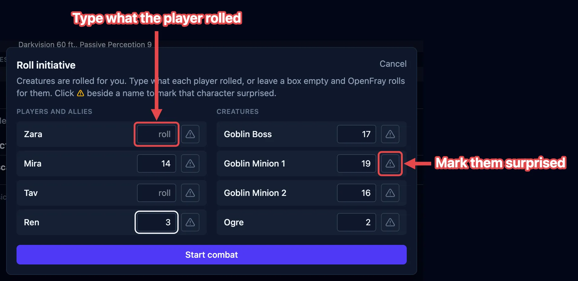 The Roll initiative box, with a player’s roll field and a creature’s surprised toggle outlined in red and labeled.