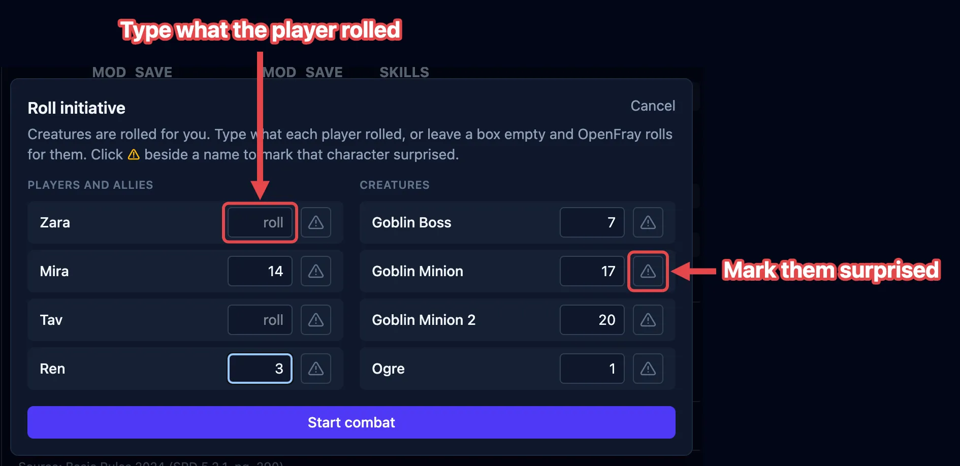 The Roll initiative box, with a player’s roll field and a creature’s surprised toggle outlined in red and labeled.