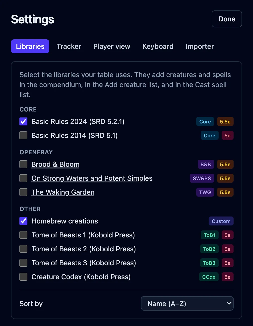 The Libraries panel in Settings, grouped into Core, OpenFray and Other, with Basic Rules 2024 ticked.