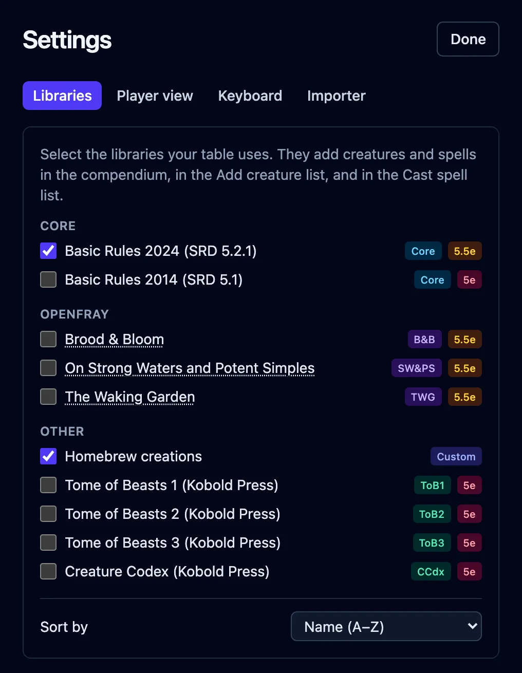 The Libraries panel in Settings, grouped into Core, OpenFray and Other, with Basic Rules 2024 ticked.
