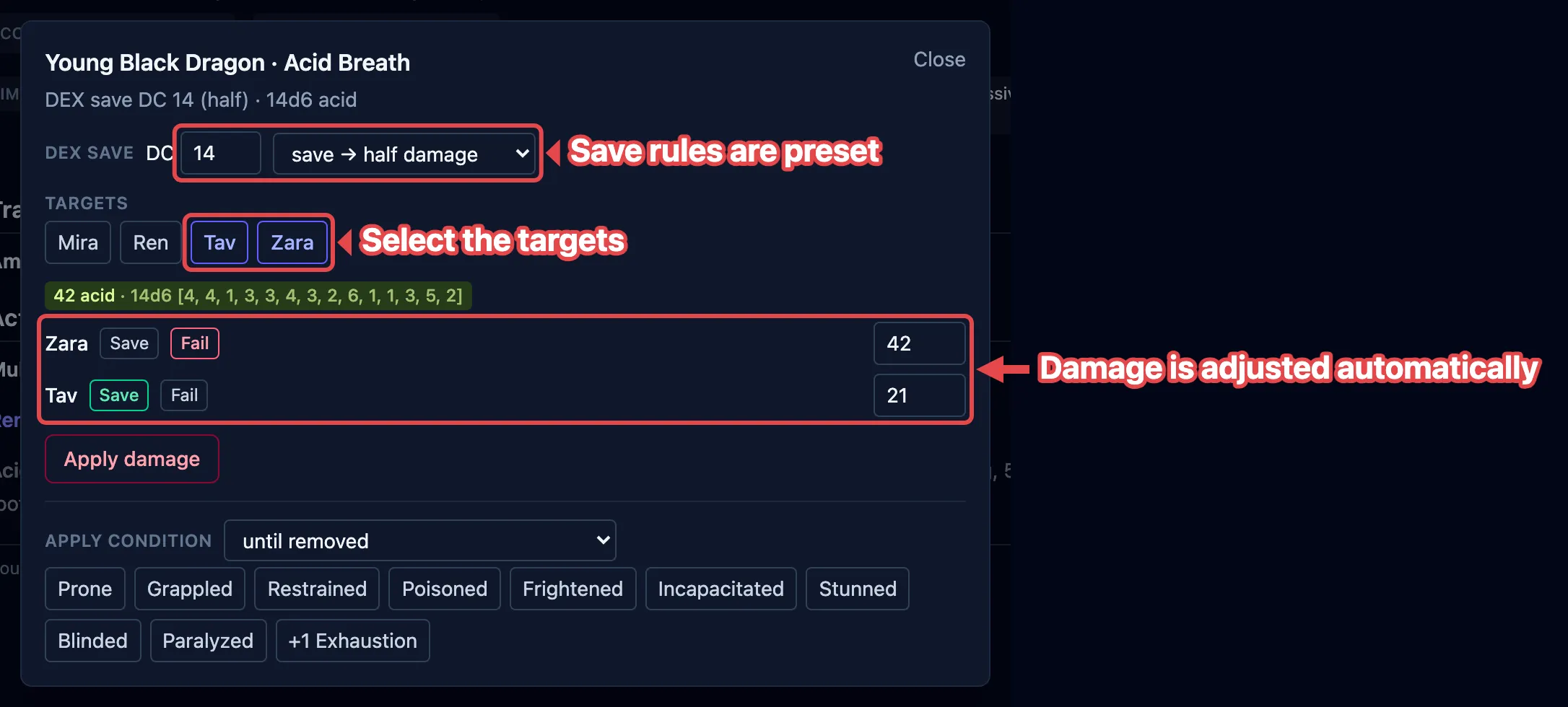 The save box resolving an action against several targets, with the DC, and the per-target pass/fail results outlined in red.