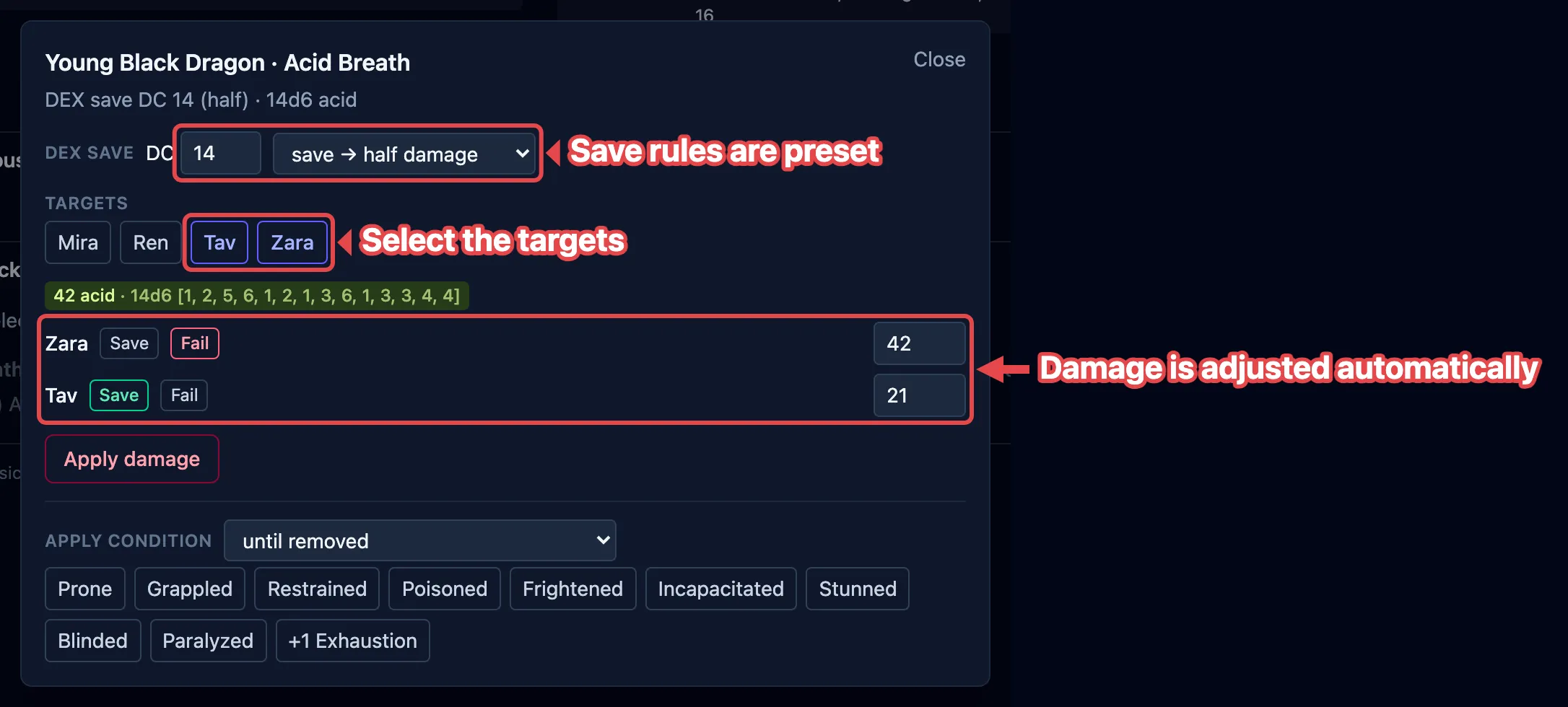The save box resolving an action against several targets, with the DC, and the per-target pass/fail results outlined in red.