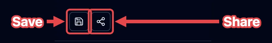 The save and share buttons at the foot of the tracker, outlined in red and labeled.