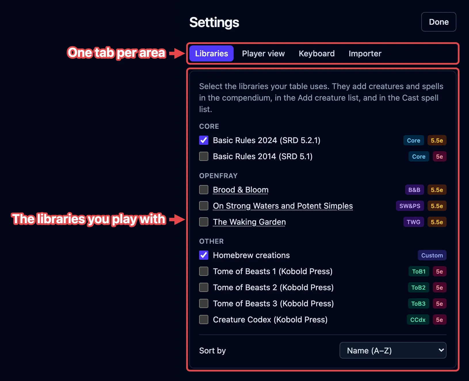 The Settings screen on its Libraries tab, with the tab strip and the library list outlined in red and labeled.