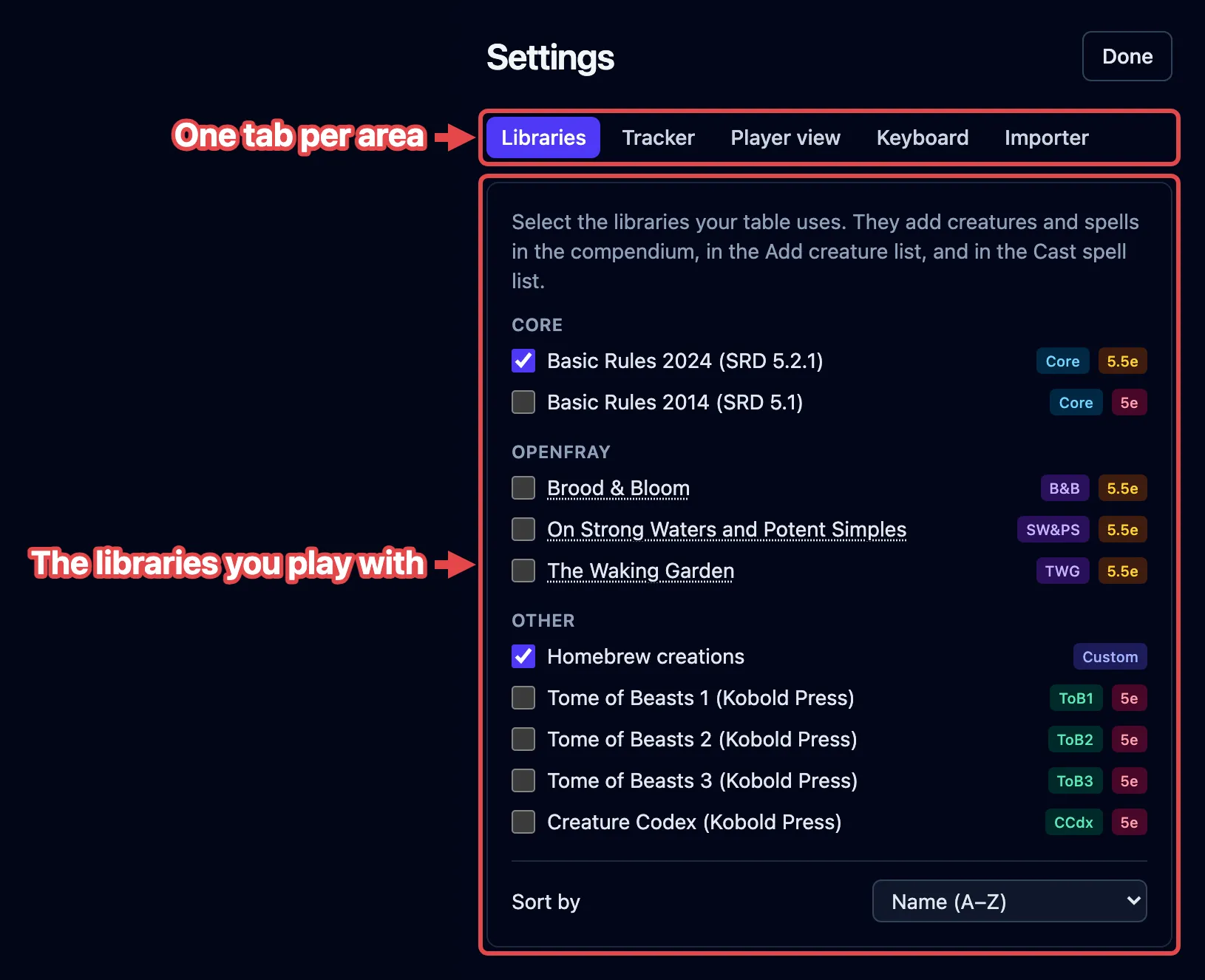 The Settings screen on its Libraries tab, with the tab strip and the library list outlined in red and labeled.