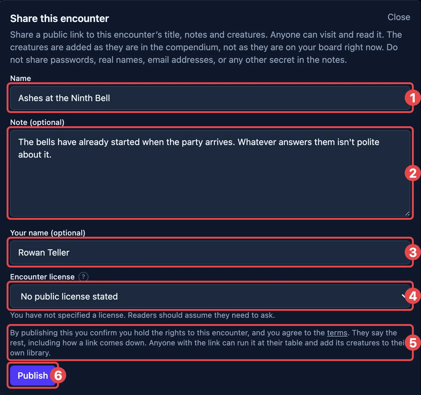 The Share this encounter form: Name, Note, Your name, Encounter license, the consent line and Publish, numbered one to six.