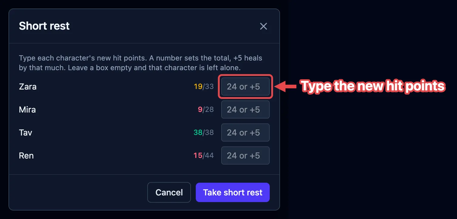 The short rest box, listing each character with a hit point field, the first outlined in red and labeled.