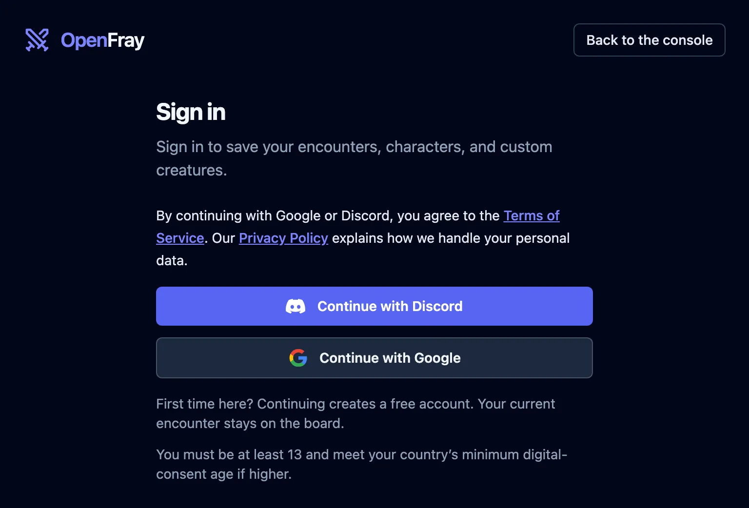 The sign-in page with Google and Discord buttons and the Terms notice.