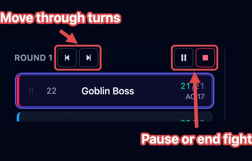 The top of the tracker during a fight, with the round number, the two turn buttons, and the pause and stop buttons outlined in red and labeled.