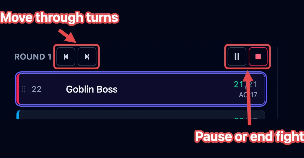 The top of the tracker during a fight, with the round number, the two turn buttons, and the pause and stop buttons outlined in red and labeled.